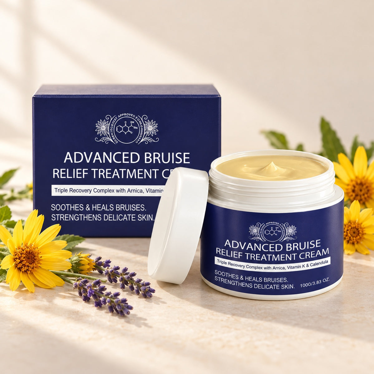 Bruise Night Cream for Thin Skin, open jar with box