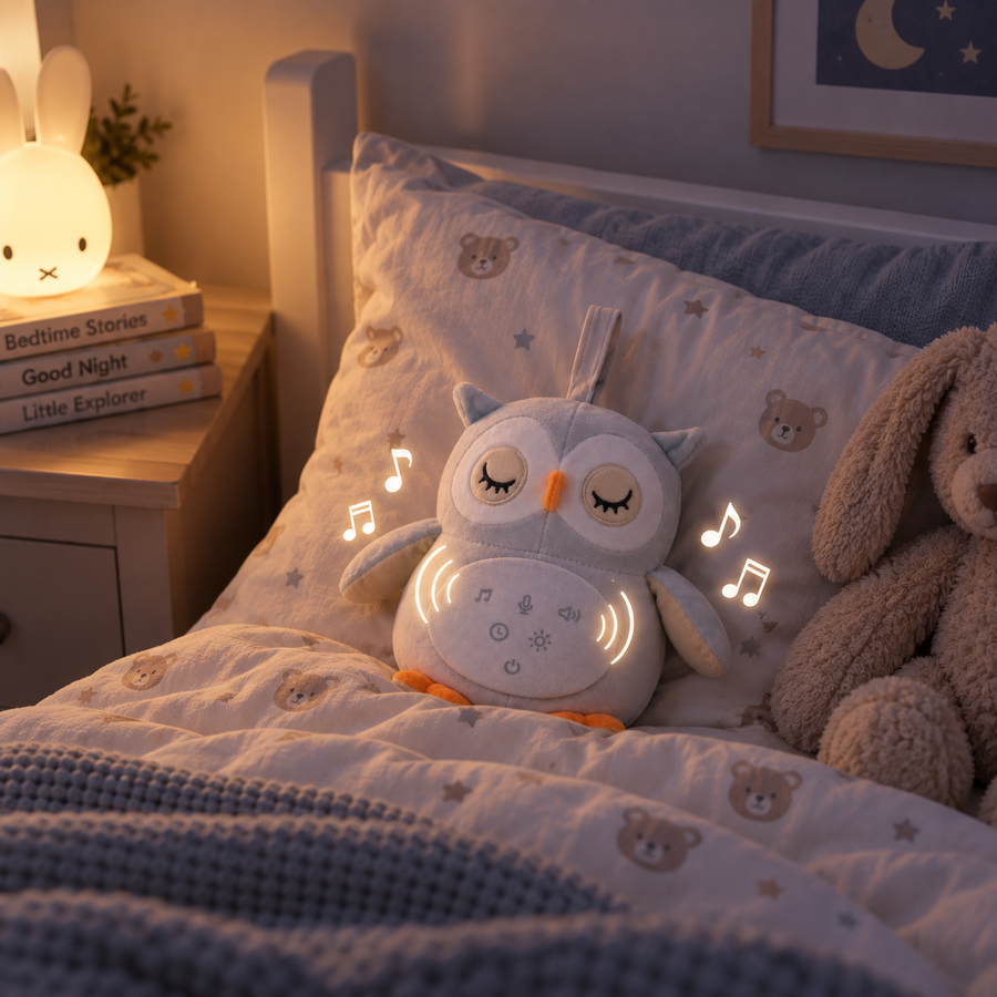 The Bedtime Owl glowing warm amber on a child's pillow at night