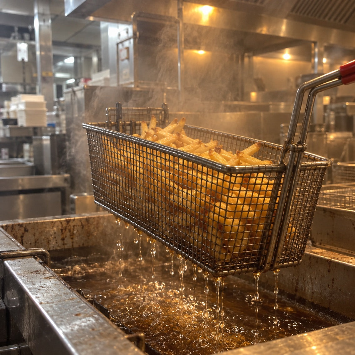A fryer basket of fries lifted out of hot oil, dripping grease