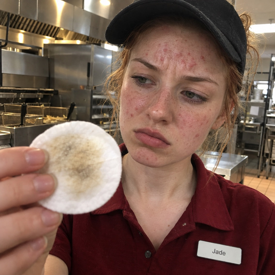 A used toner pad with a yellow-grey smear of grease, held up by a fast-food worker after wiping her forehead