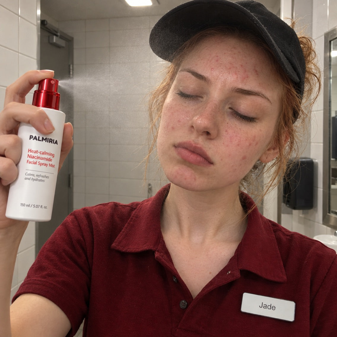 She mists her face with the Fast-Food Face Kit spray in the staff bathroom