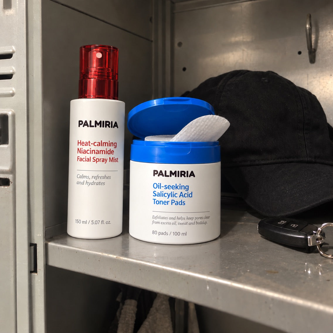The Fast-Food Face Kit spray and toner pads on a staff locker shelf
