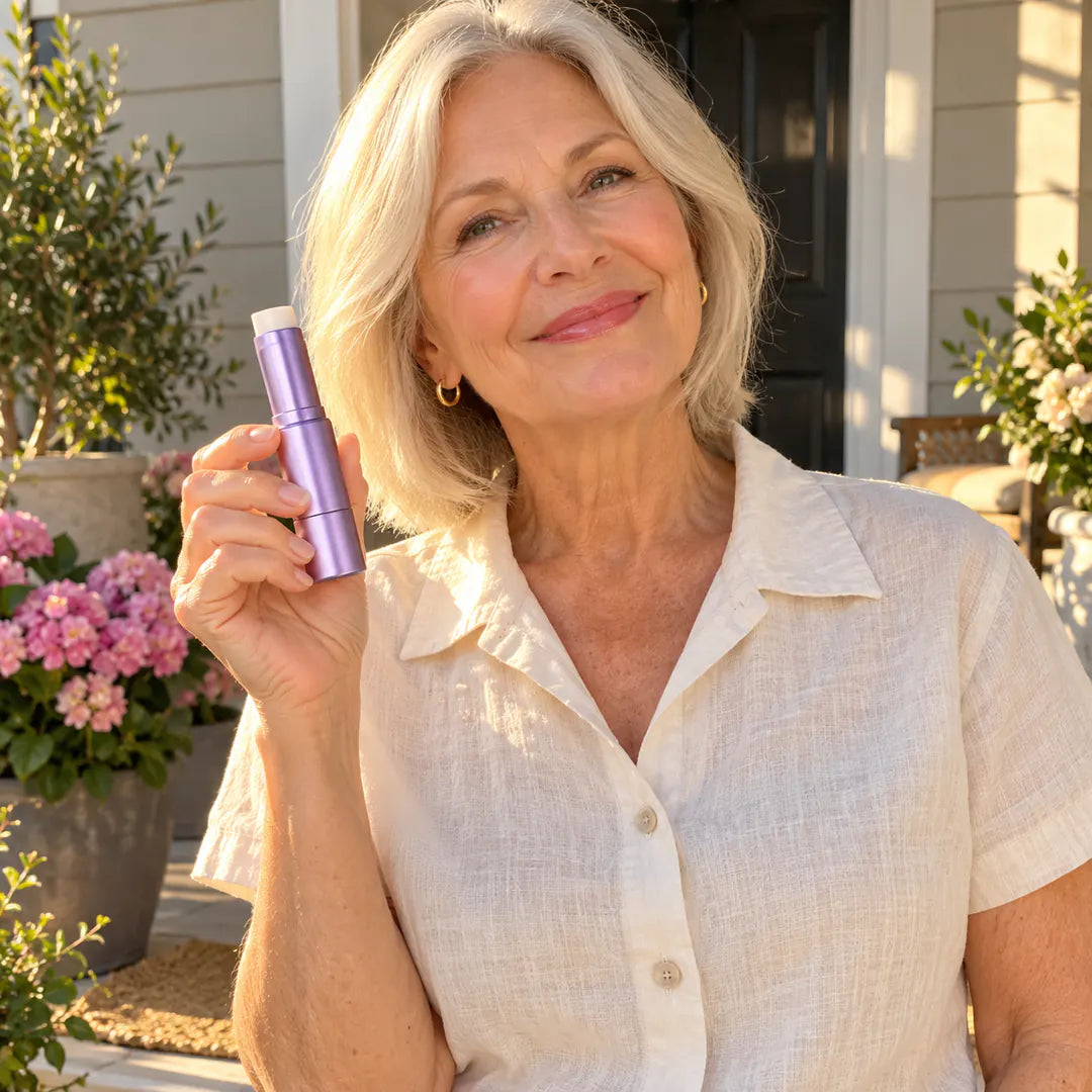 A woman about 70 in short sleeves on her porch holding the stick