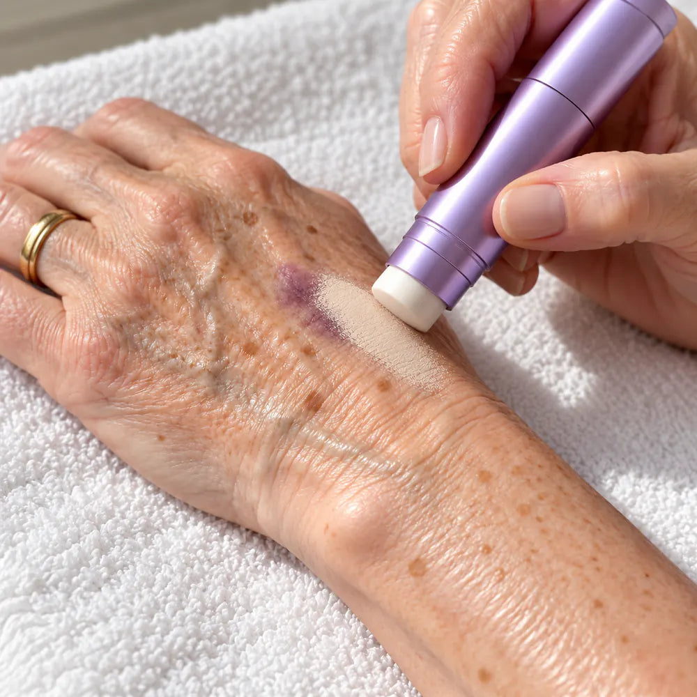 The white stick end leaving a light swipe over a purple mark on the back of a thin hand