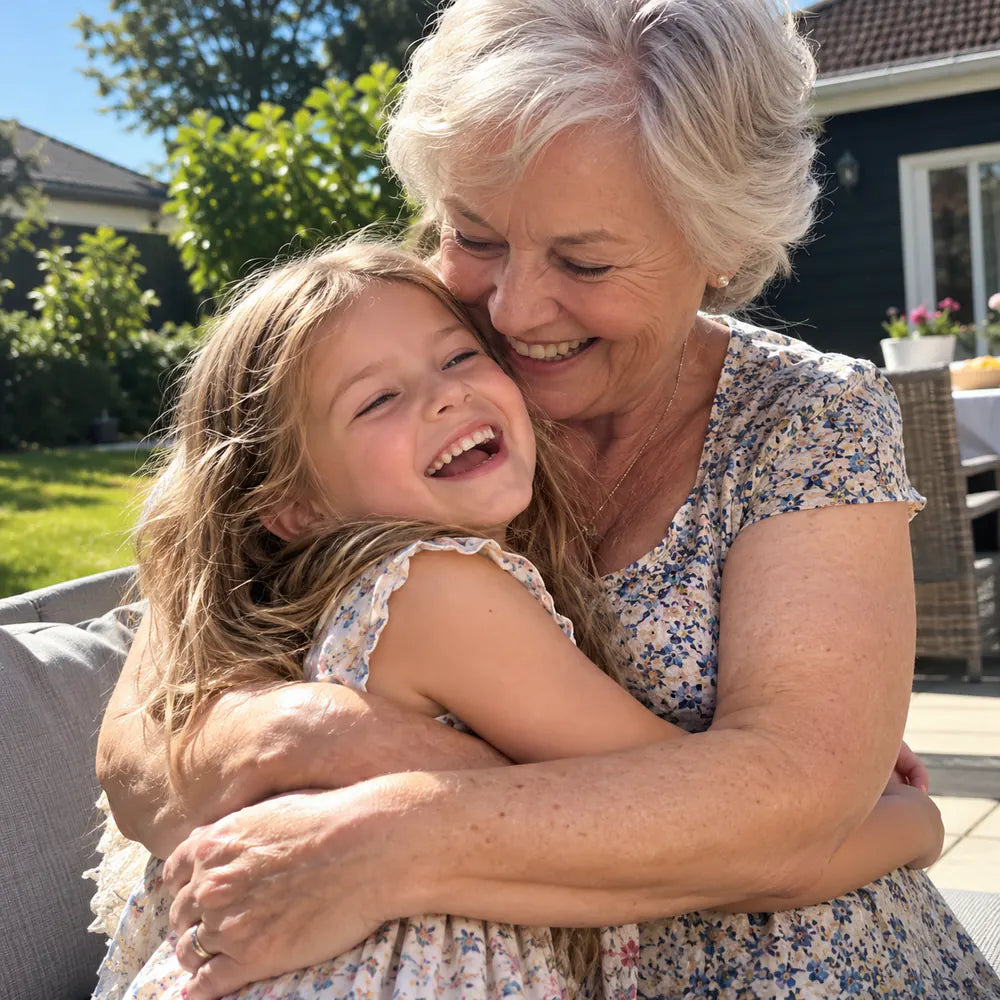 A grandmother in short sleeves hugging her granddaughter