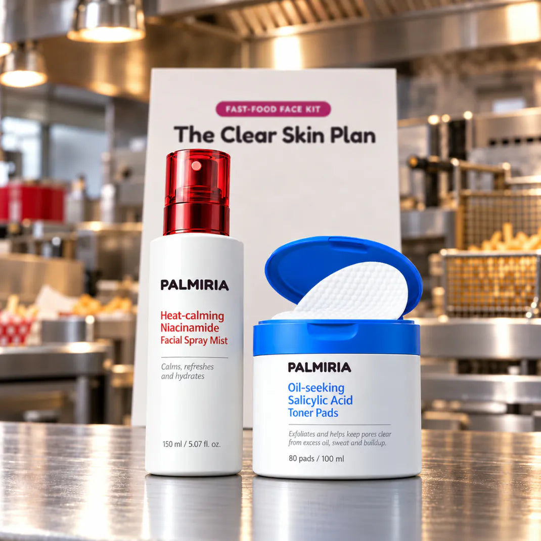The Fast-Food Face Kit on a kitchen counter with The Clear Skin Plan booklet behind it