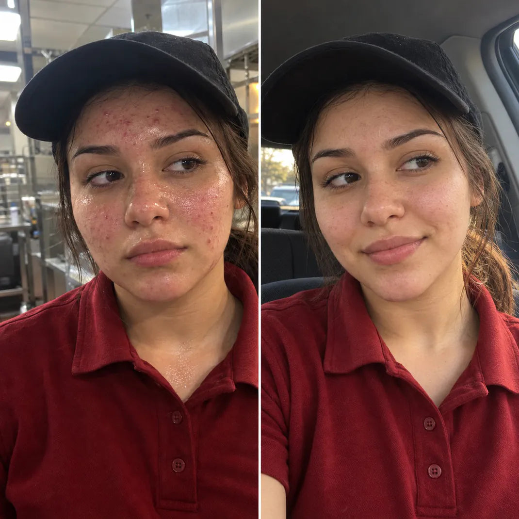 Before and after: forehead under the work cap