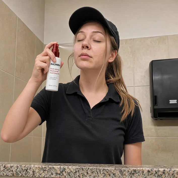 Misting the face in the staff bathroom
