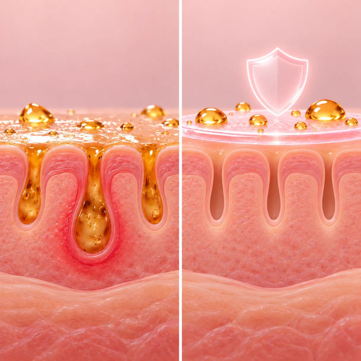 Left: fryer oil pushed into open pores. Right: a shield on the skin keeps the oil out