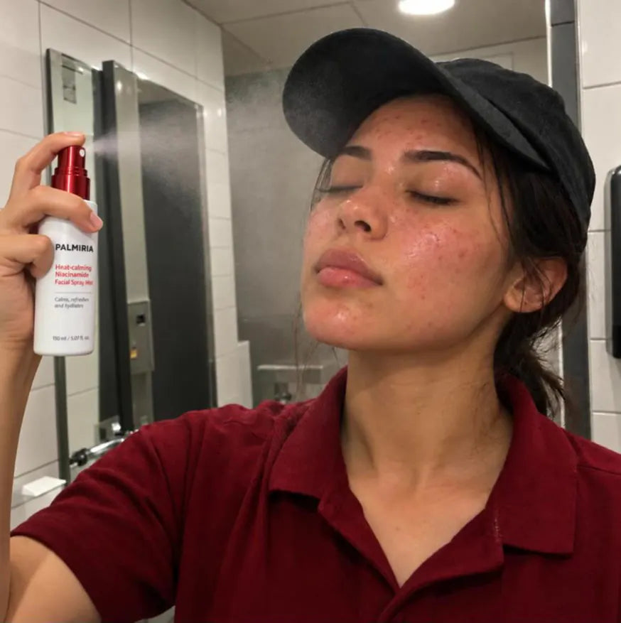 She mists her face with the shield spray in the staff bathroom