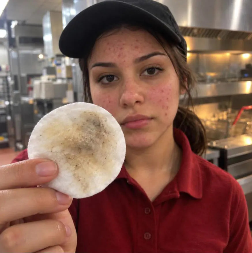 She holds up the used pad, brown with fryer grease, after wiping her face